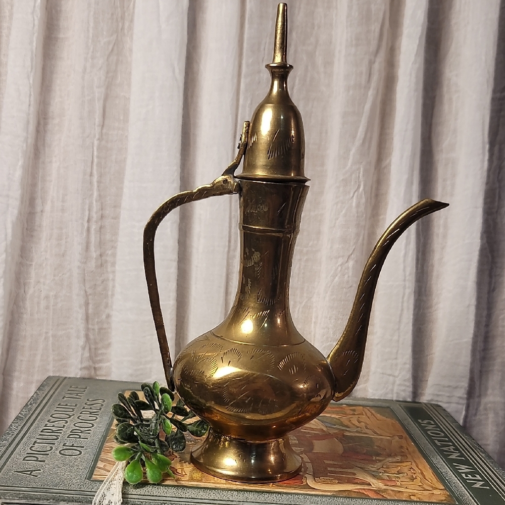 Brass Dallah Coffee Pot with Slender Spout and Curved Handle